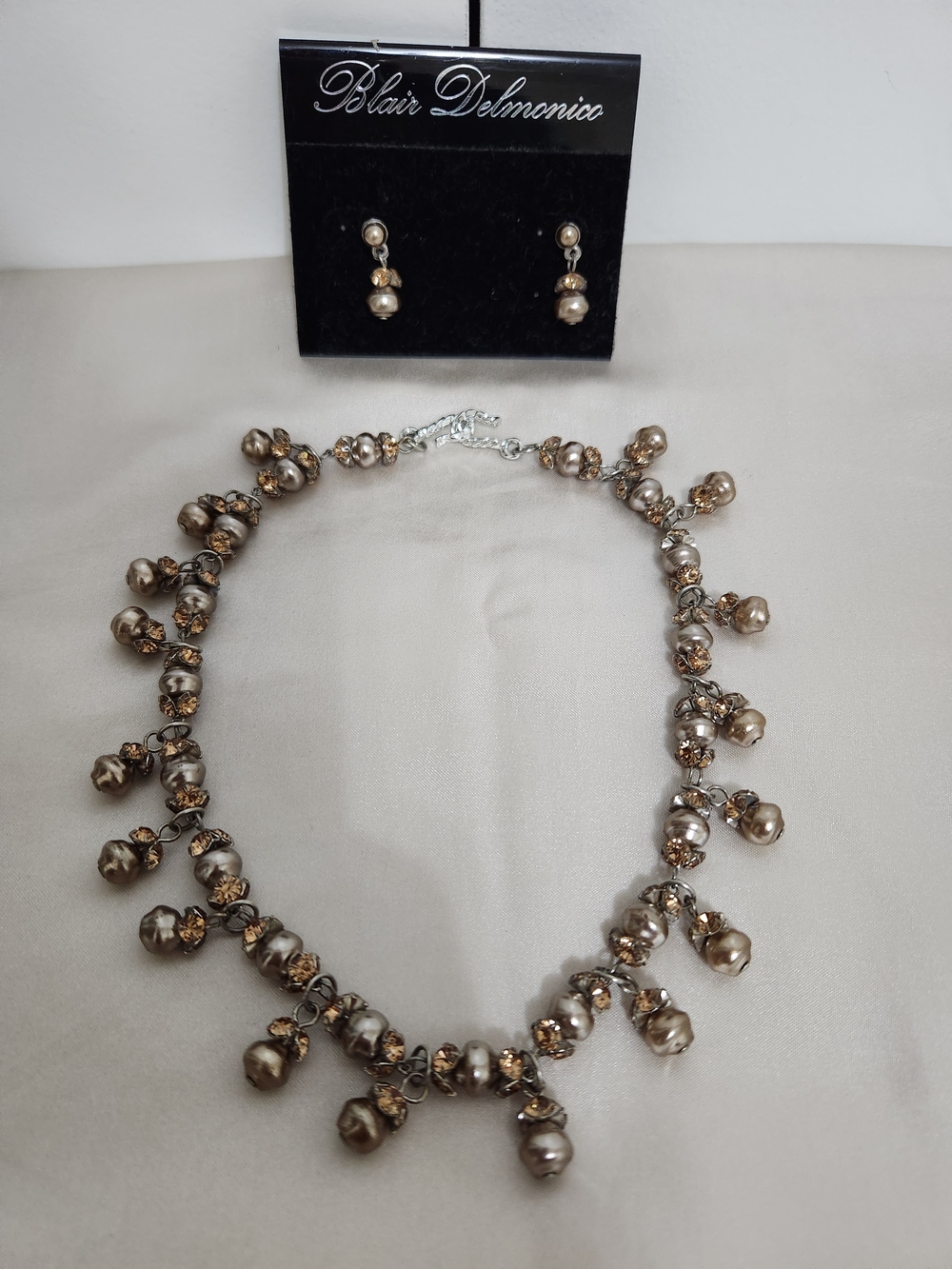 Blair Delmonico Metallic Pearl Drop Necklace in Champagne and Drop Earrings